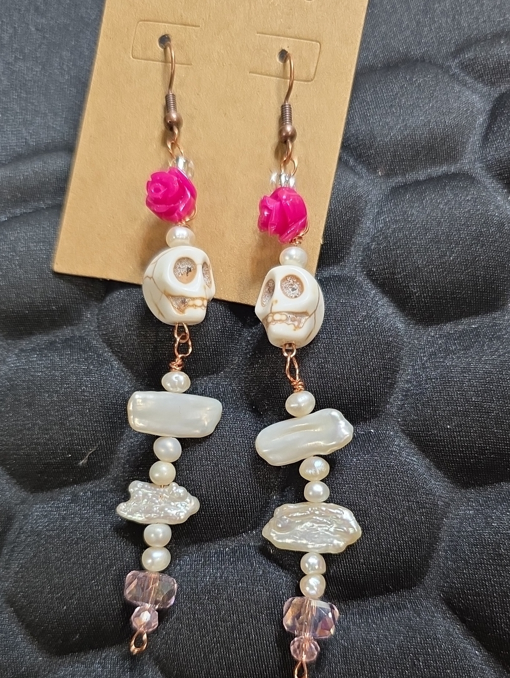 Handmade Pink Rose & Freshwater Pearl Skull Drop Earrings